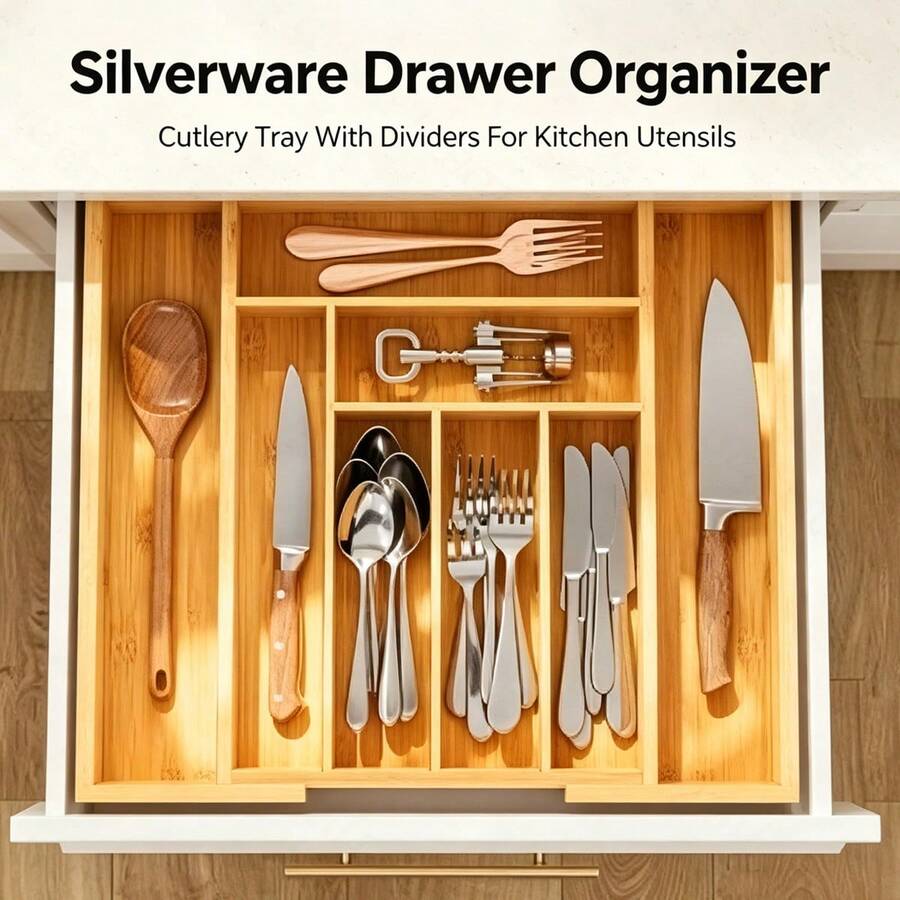 Bamboo Cutlery - منظم أدراج من الخيزران، قابل للتوسيع،